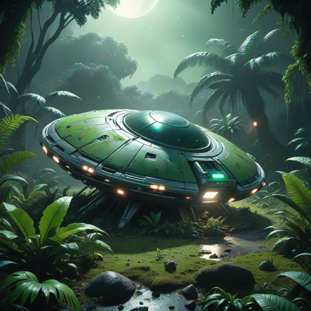 Crashed UFO in Jungle Under Eerie Moonlight