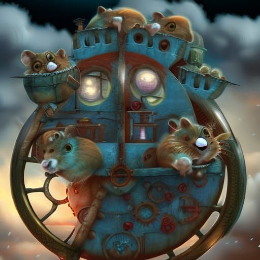 Steampunk Hamster steering his Mobile Hamster Wheel 🎡