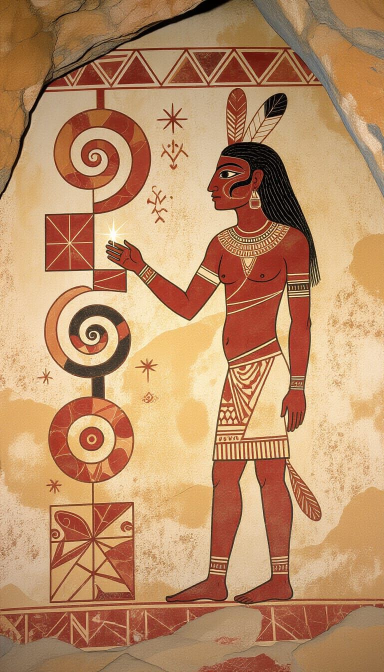 Ancient Cave Art: Shaman Interacting with Cosmic Symbols