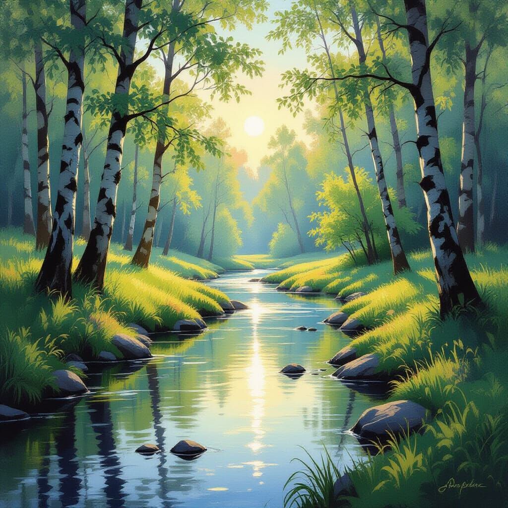 Sun-Dappled Forest Stream in Nostalgic Impressionist Style