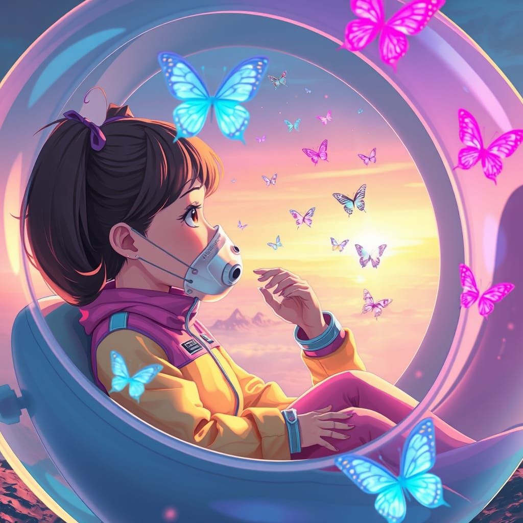 Young Girl in Futuristic Bubble Chair Surrounded by Holograp...