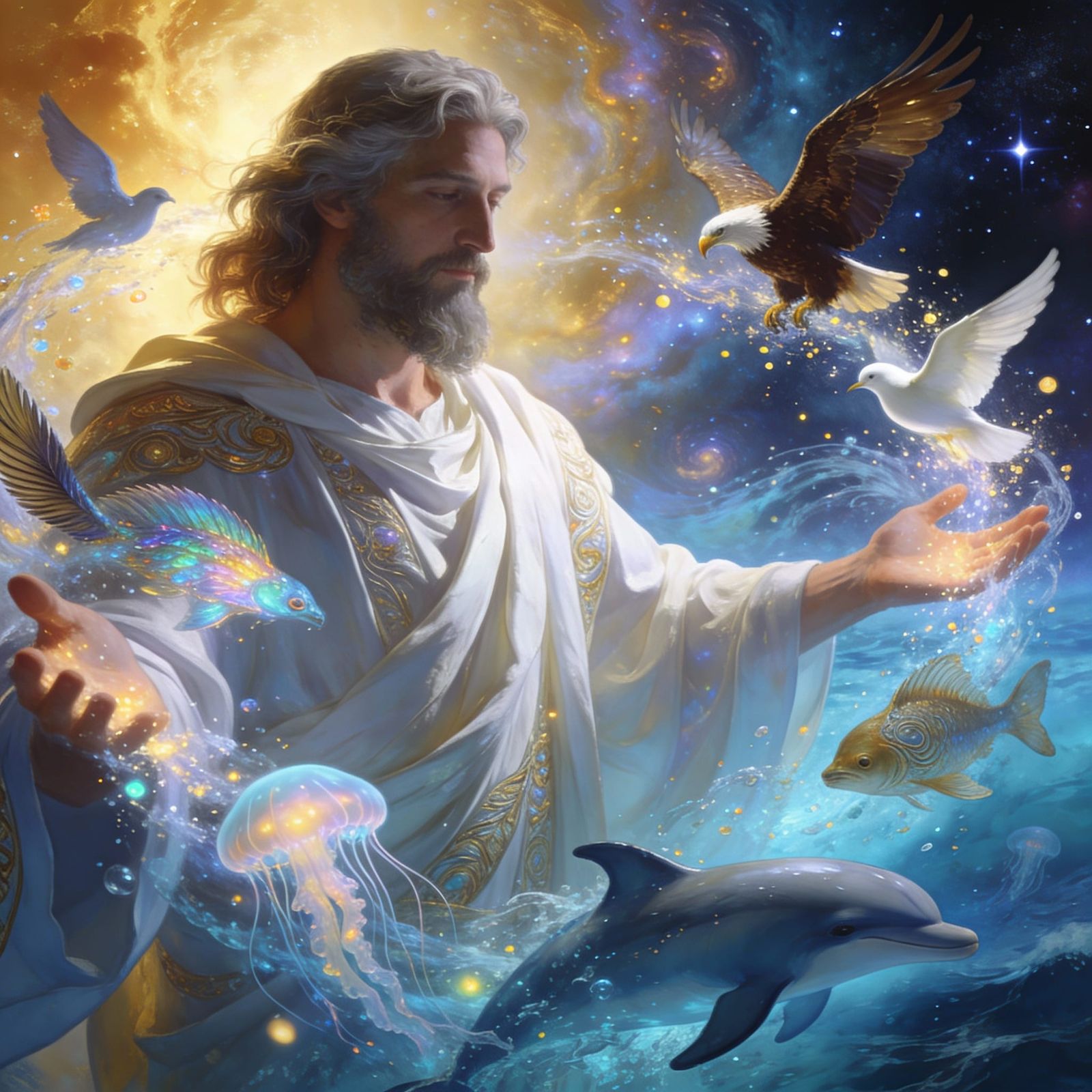 God Creates Sea Life and Birds in Dynamic Splash Art