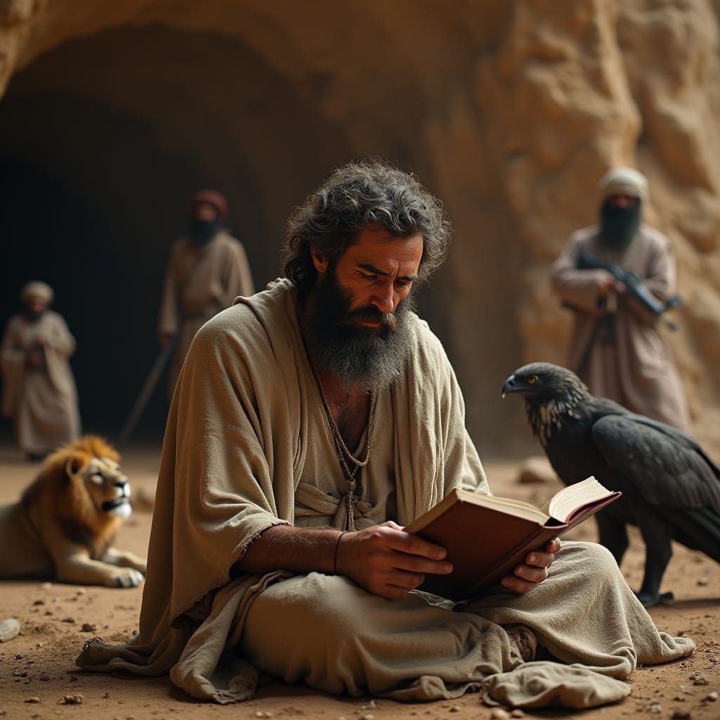 Wounded Martyr Reads Bible in Desert Cave, Cinematic Style