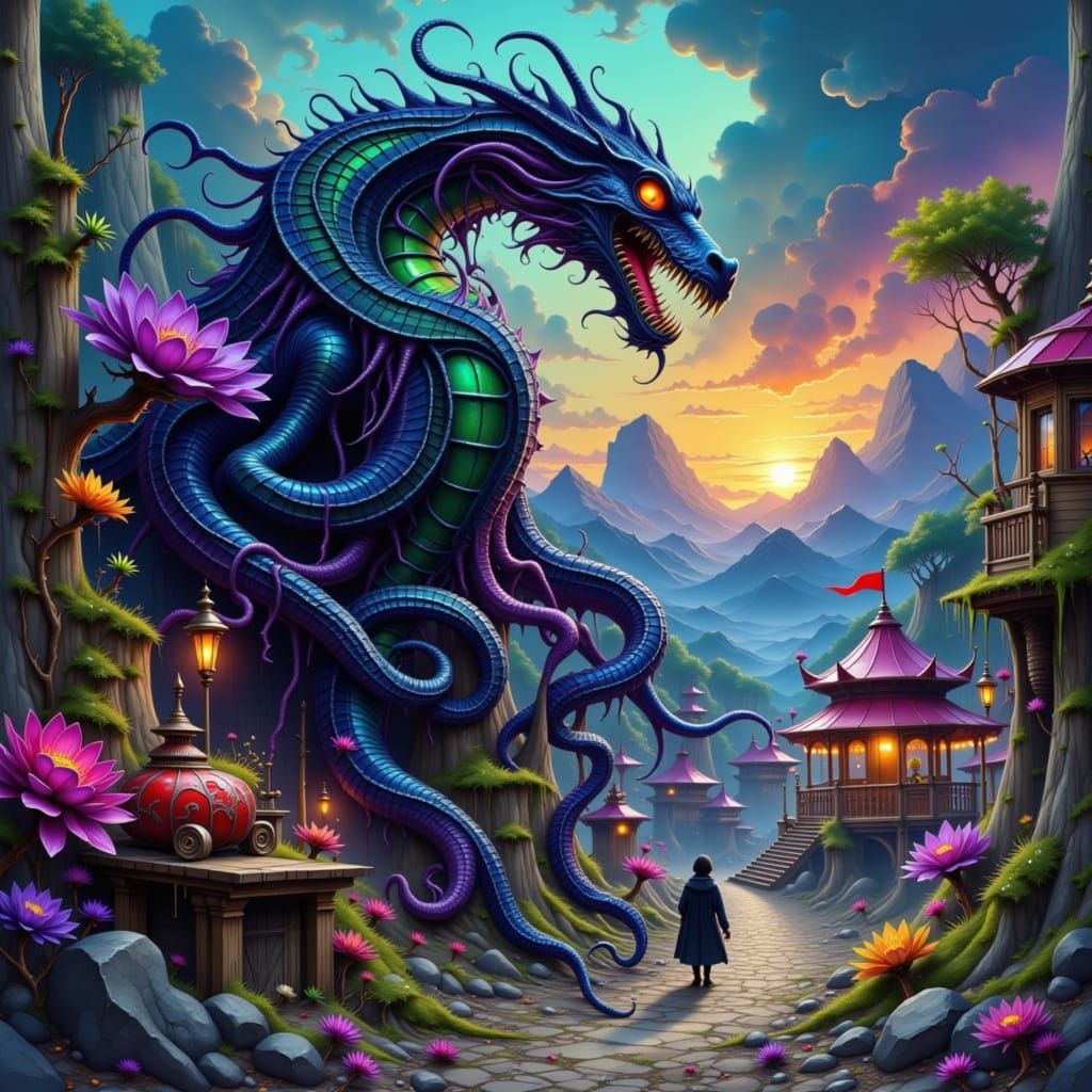 Mystical Octopi-Dragon Hybrid in Eerie Carnival