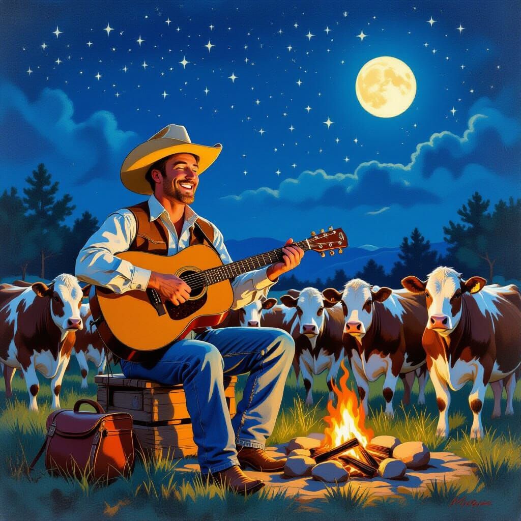Cowboy Sings to Cows Under Starlit Sky in Gouache Style