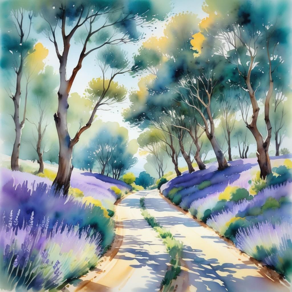 Spanish Countryside Road in Summer, Watercolor Painting
