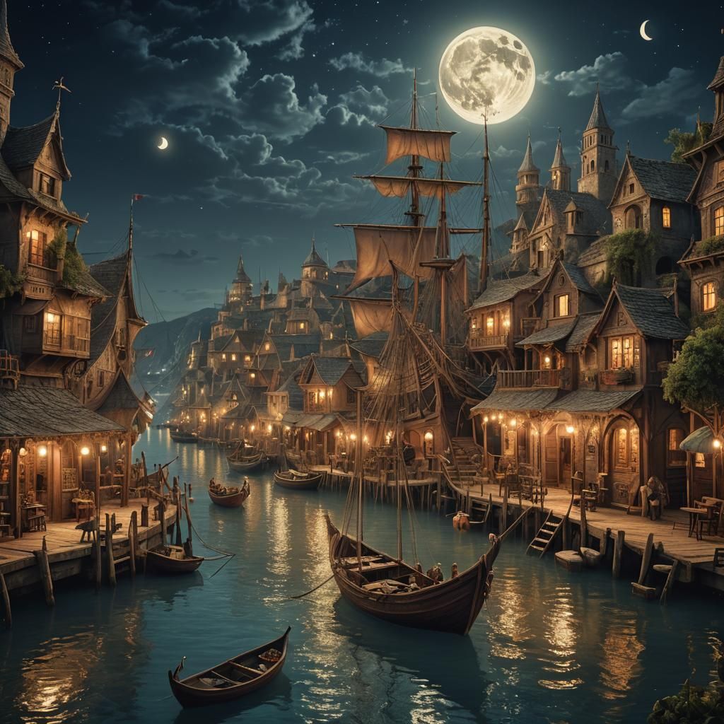 Moonlit River Village: A Hyperdetailed Fantasy Masterpiece