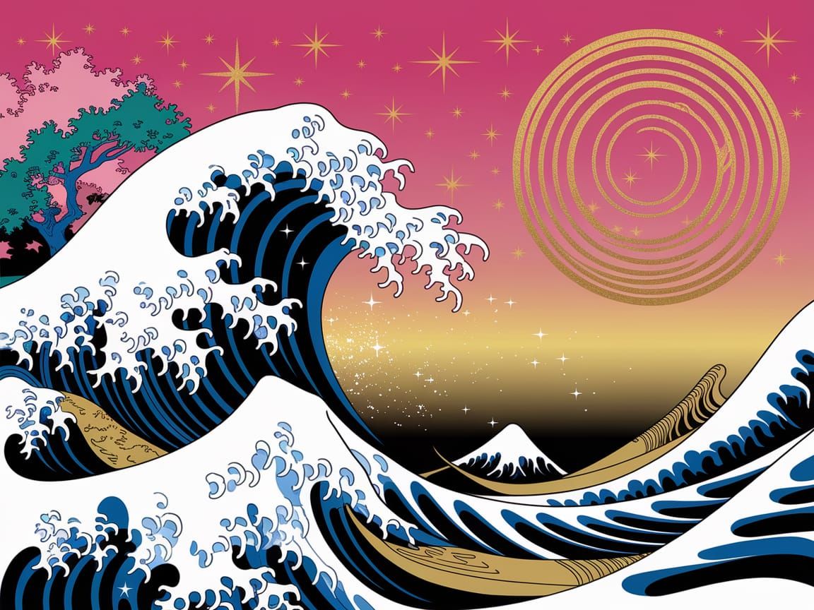 Golden Wave in Whimsical Japanese Woodblock Style
