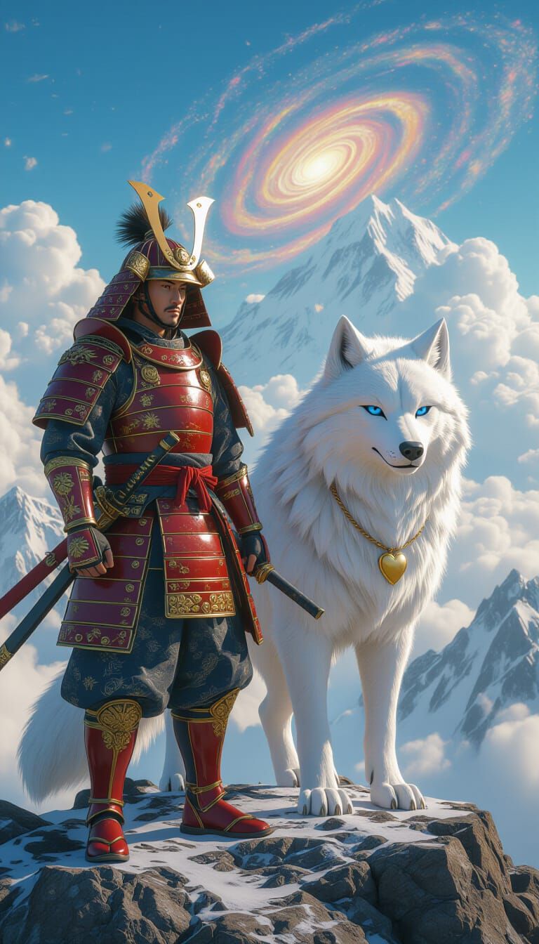 Samurai Warrior with Direwolf on Mountain Peak, Van Gogh Sty...