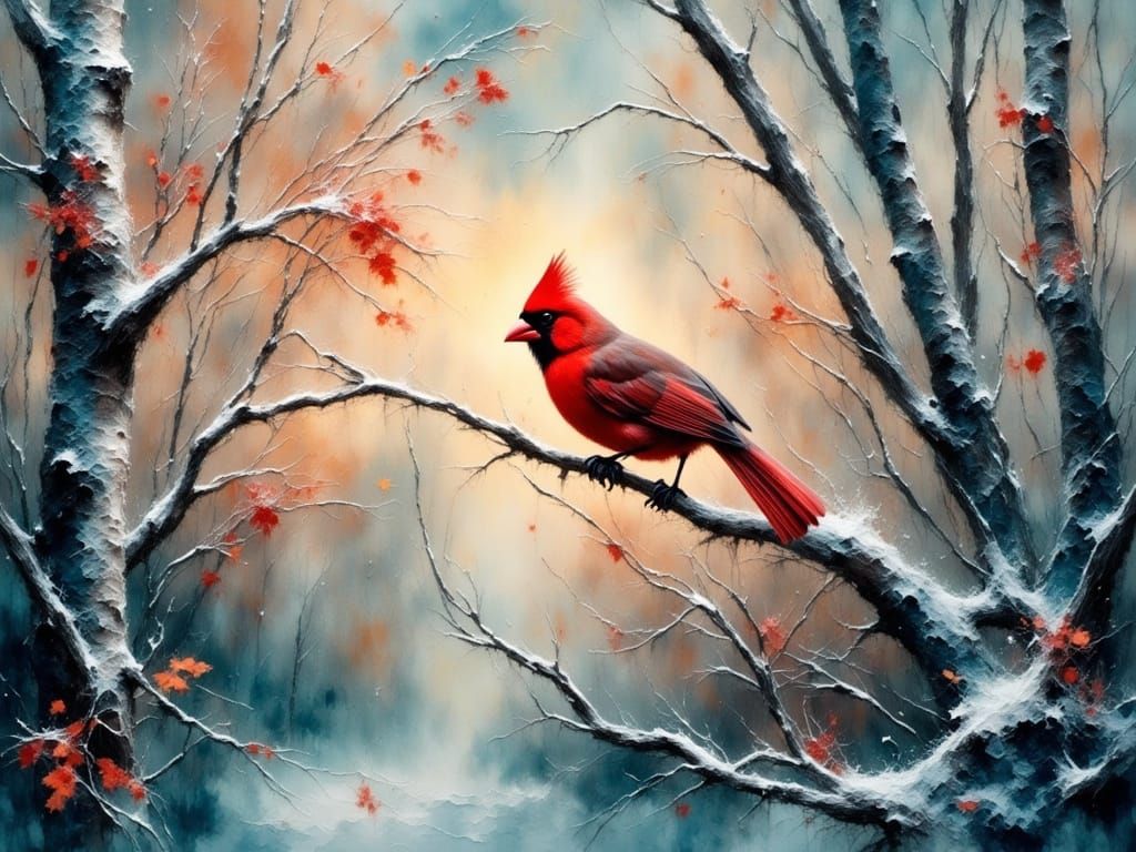 Vibrant Winter Cardinal Amidst Birch Forest
