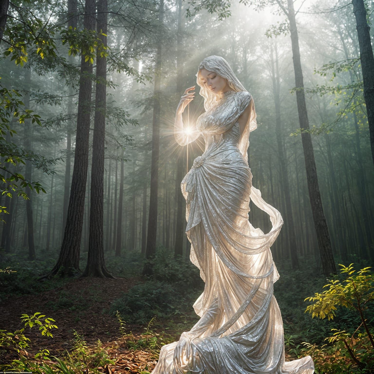 Crystal Woman Statue in Foggy Forest: Hyperrealistic Image