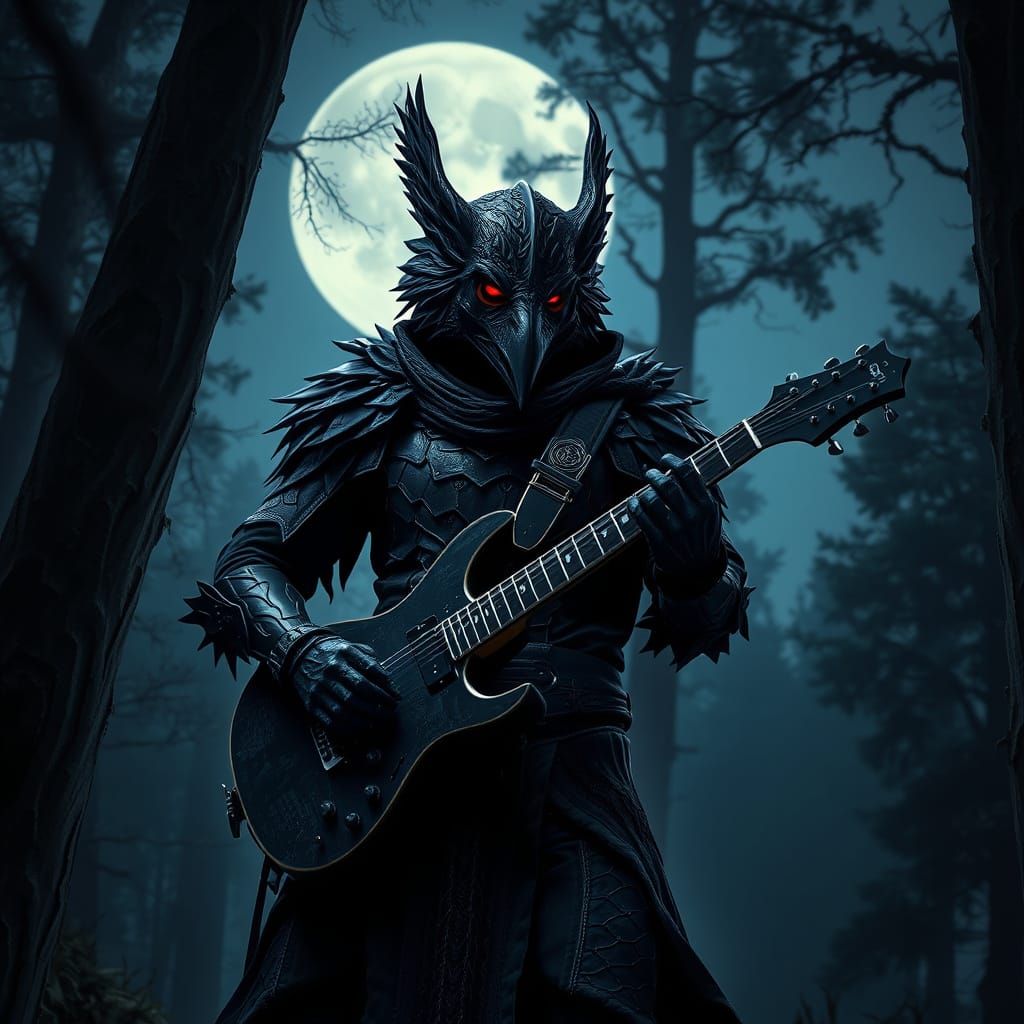 Dark Fantasy Guitarist in Moonlit Forest
