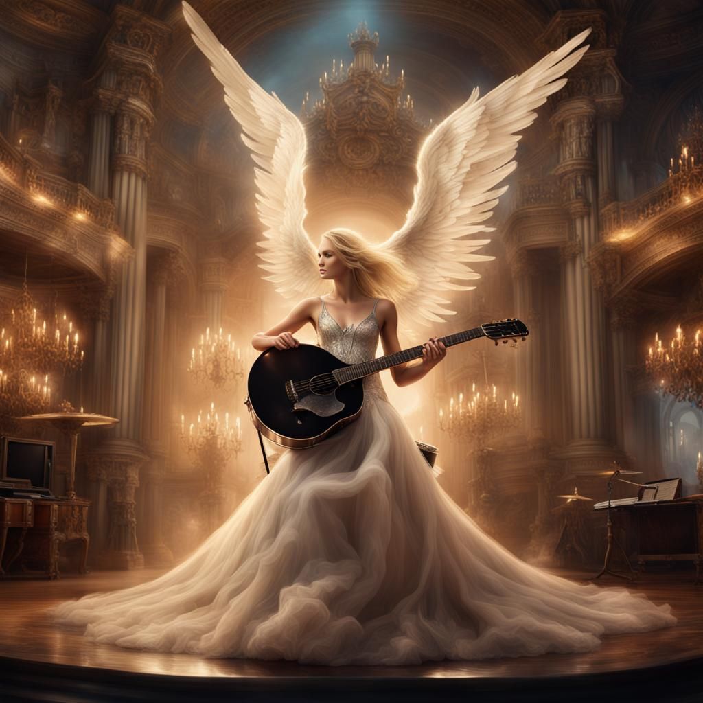 Angel Drummer in Platinum Gown: Digital Matte Painting