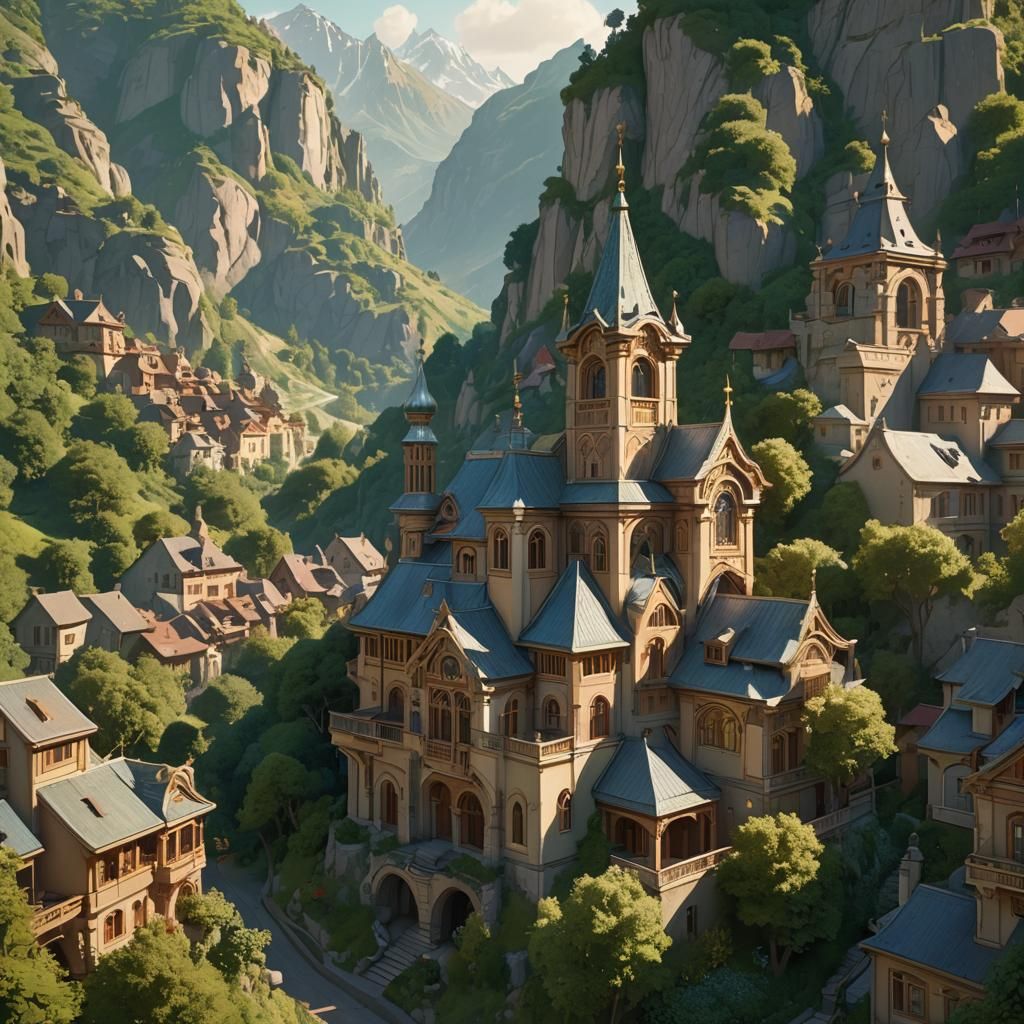 Serene Valley Village in Art Nouveau Style