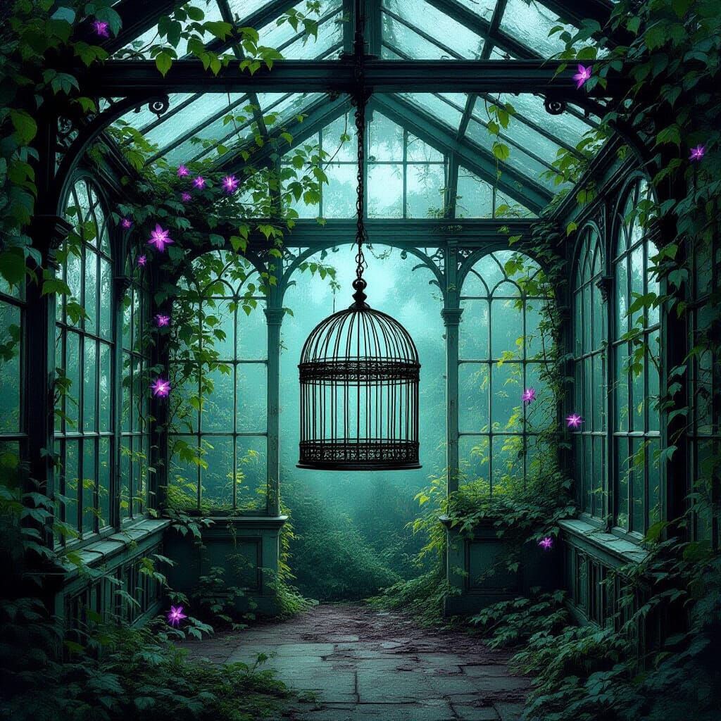Abandoned Victorian Greenhouse with Ornate Birdcage