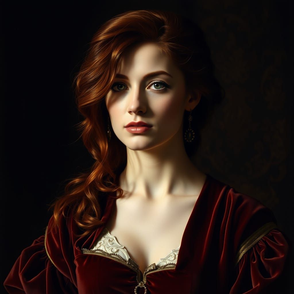 Renaissance Portrait of Elegant Woman in Velvet Gown