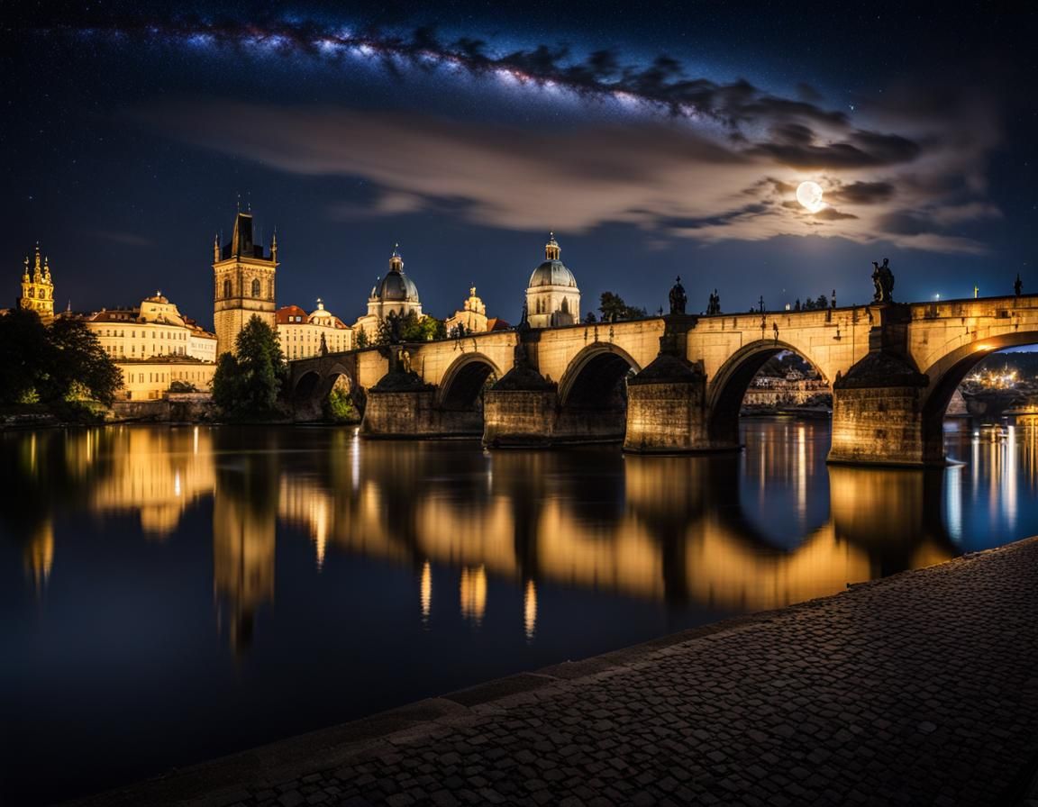Charles Bridge Prague Under Full Moon and Milky Way