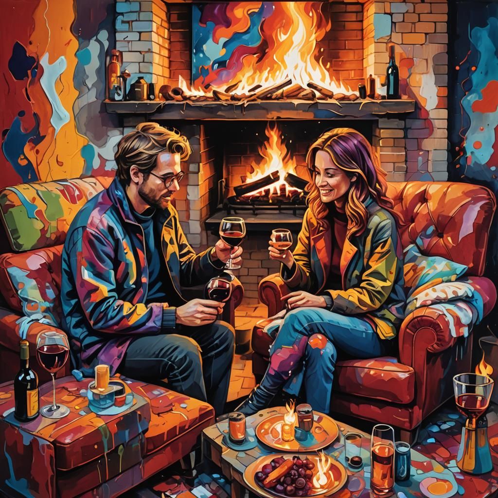 Cozy Couple Enjoying Wine in Graffiti Art Style