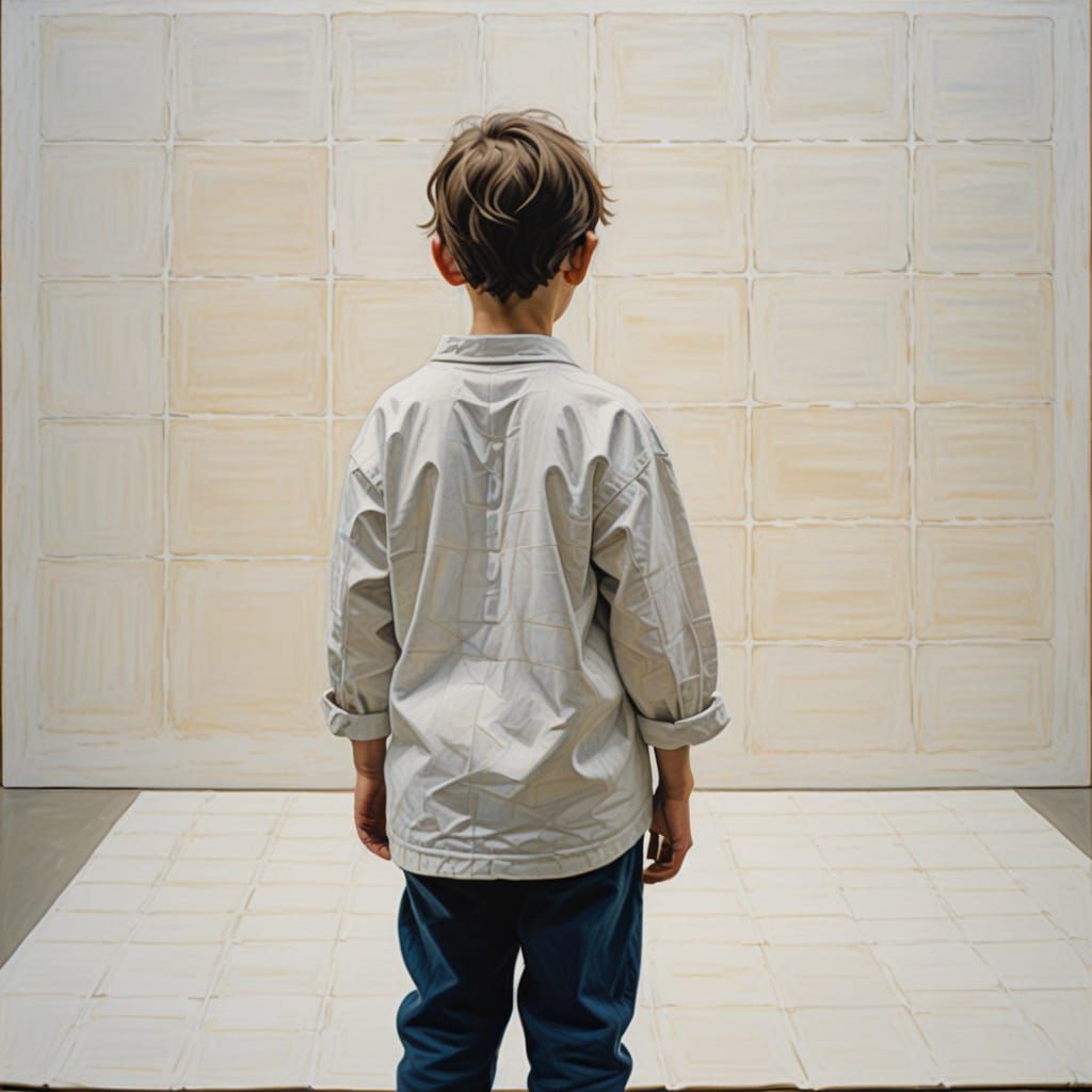 Child Pulsing in Vast Grid Field, Gouache Style