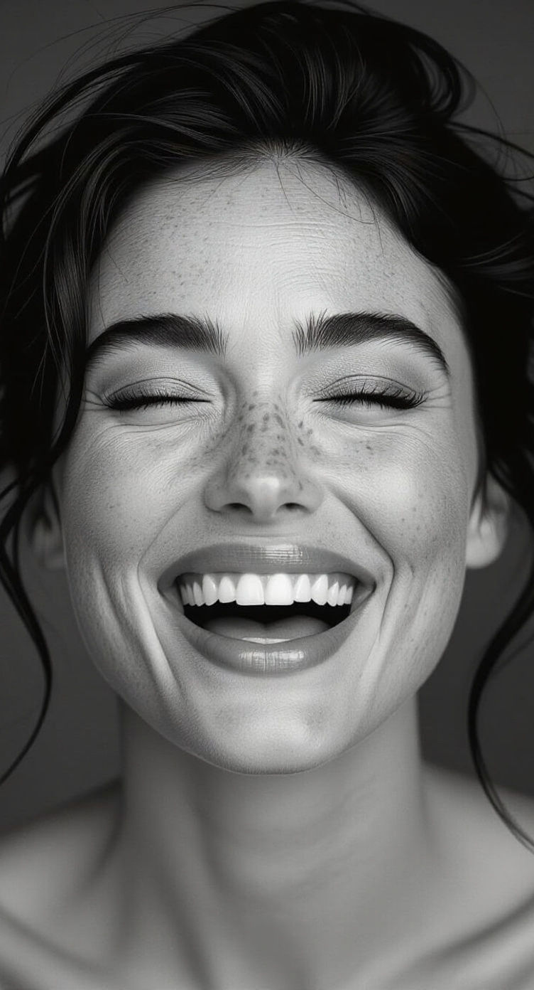 Laughing Woman: Hyper-Realistic Black & White Portrait