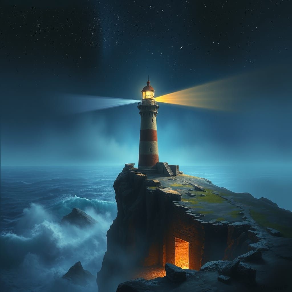 Ancient Lighthouse on Jagged Cliff in Cosmic Mist