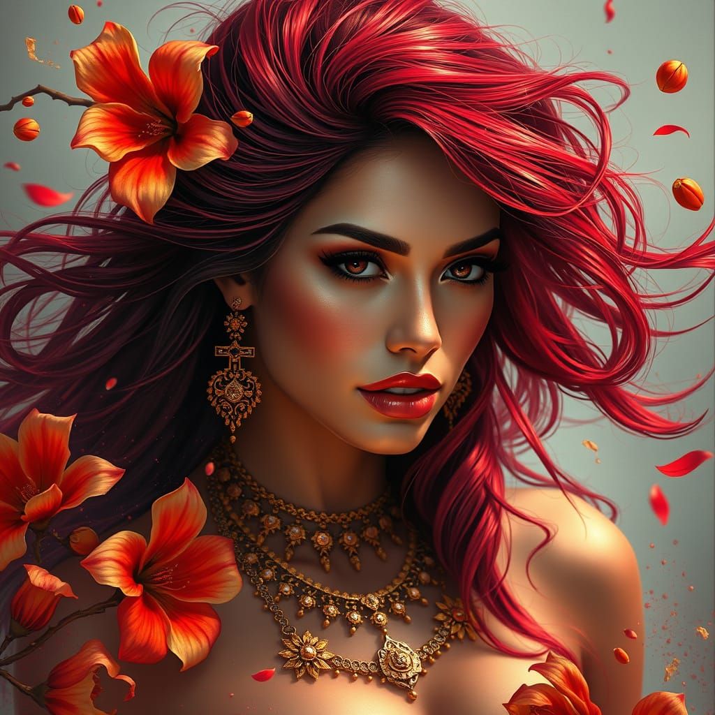 Stunning Latina Woman in Crimson and Gold Splash Art
