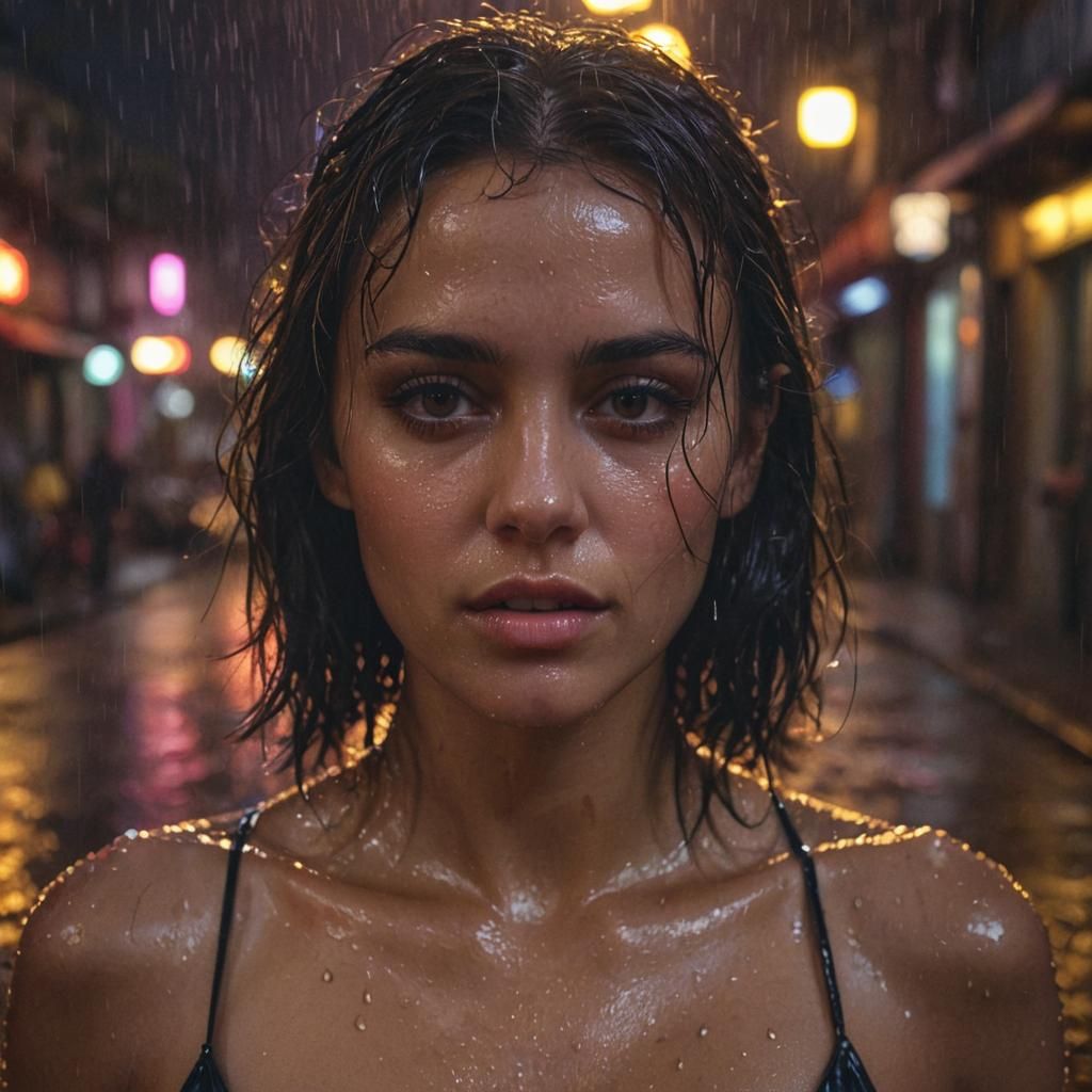 Brazilian Woman in Rainy Neon Street: Cinematic Portrait