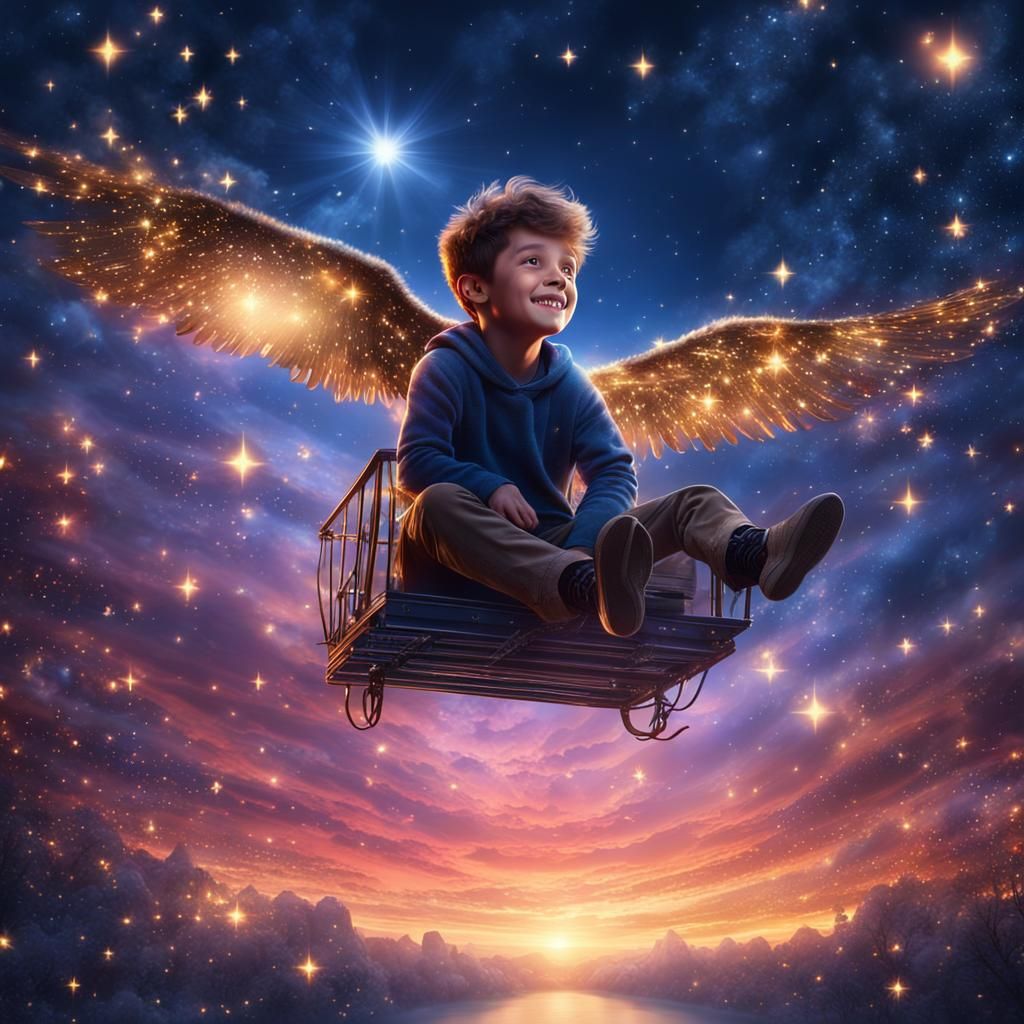 Happy Boy Flying in Sparkly Twilight Sky