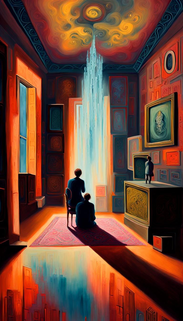 Surreal Ornate Room with Ghostly Echoes in Oil