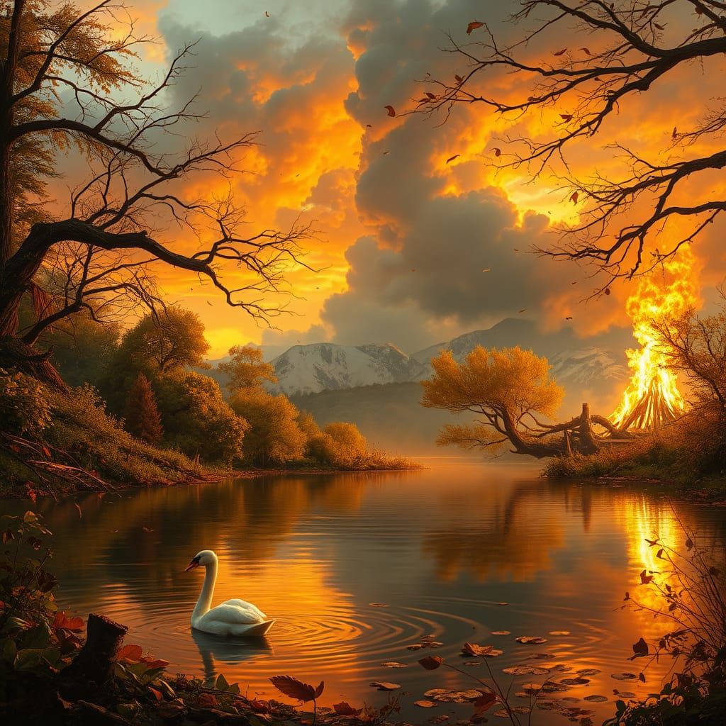 Elemental Landscape in Harmonious Mixed Media Style