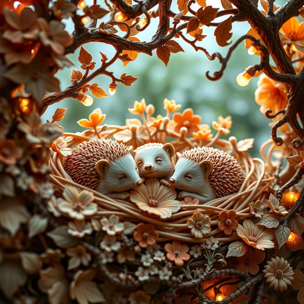 Hedgehogs in Floral Nest: 3D Wood Sculpture