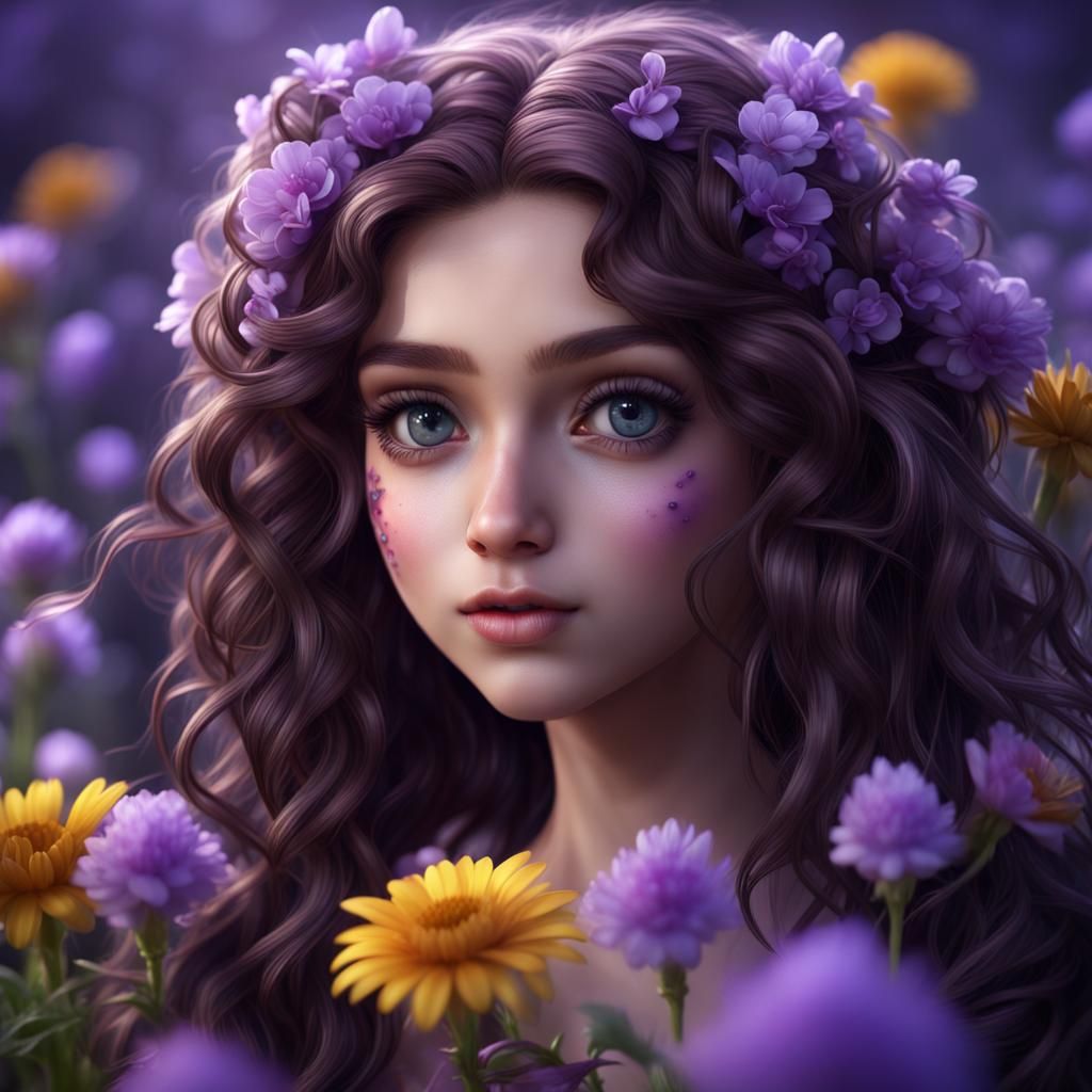 Cute Violet Creature Girl with Flowers, Photorealistic