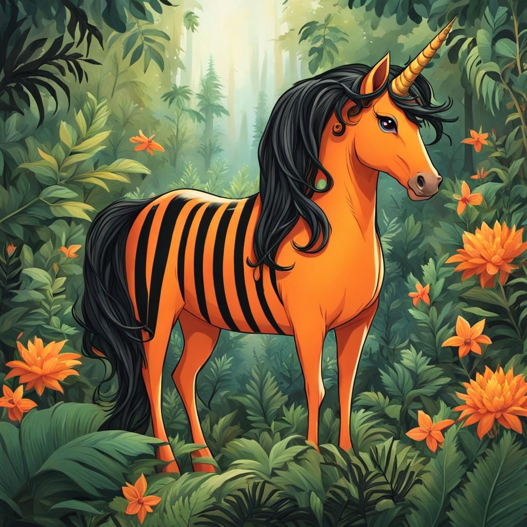 Orange Striped Unicorn in Bright Jungle