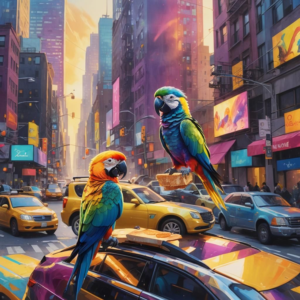 Parrot Feast: Futuristic Car in Neon New York