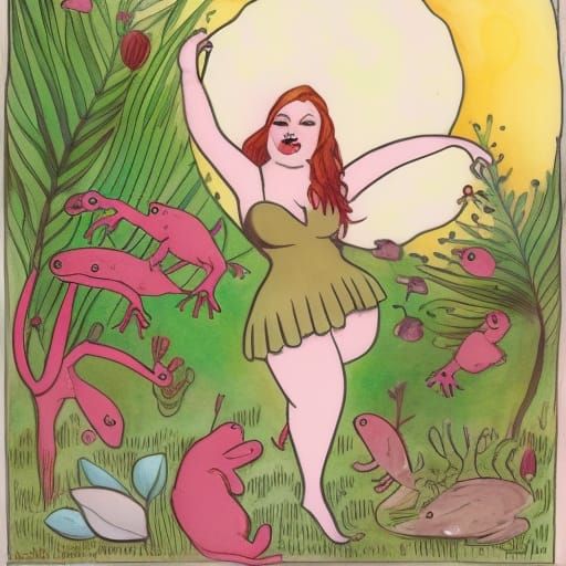 Frog Woman's Wild Dance Under the Moon: Vintage Art