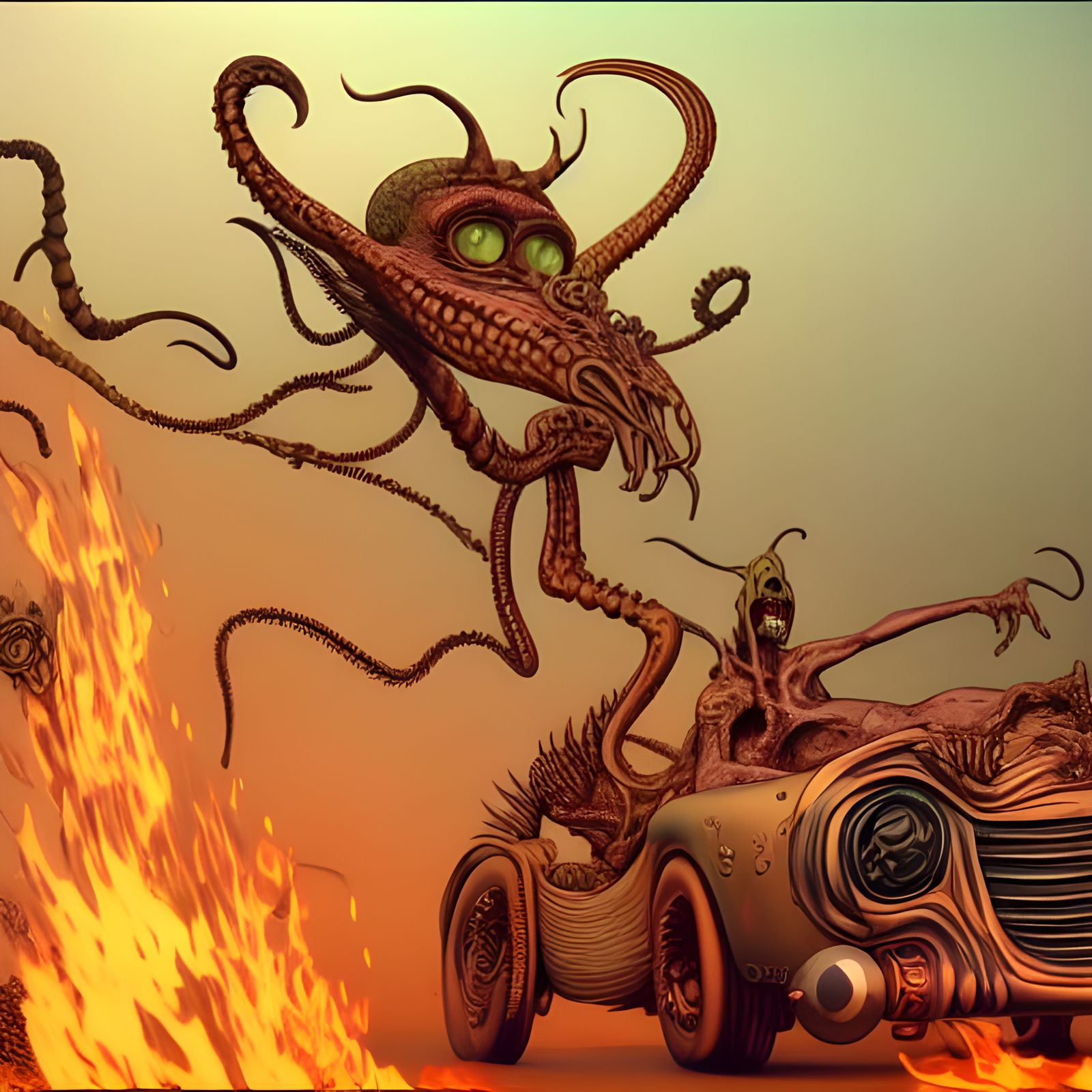 Bizarre Cartoon Figures in Luxury Vehicle