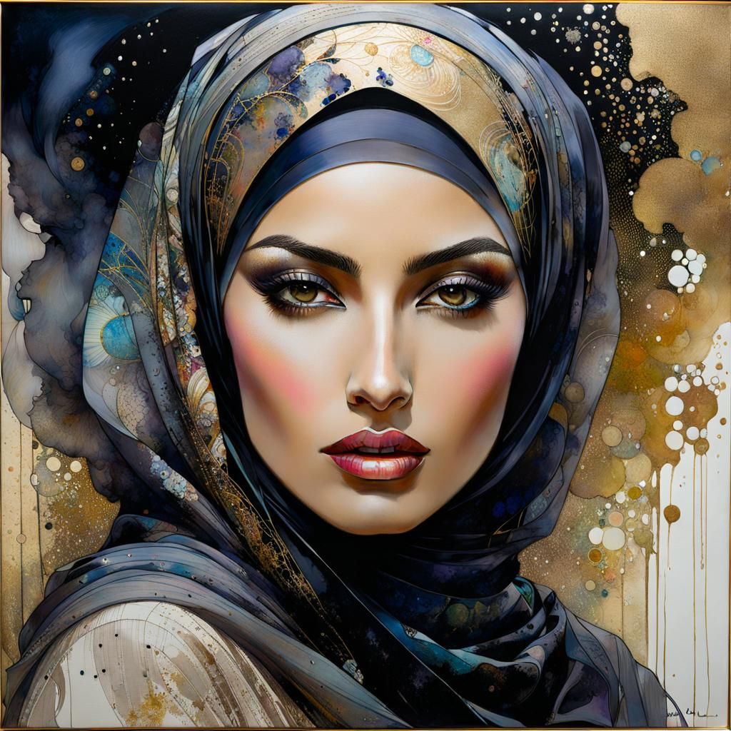 Smokey Hijabi Woman Portrait with Alcohol Ink Splatter