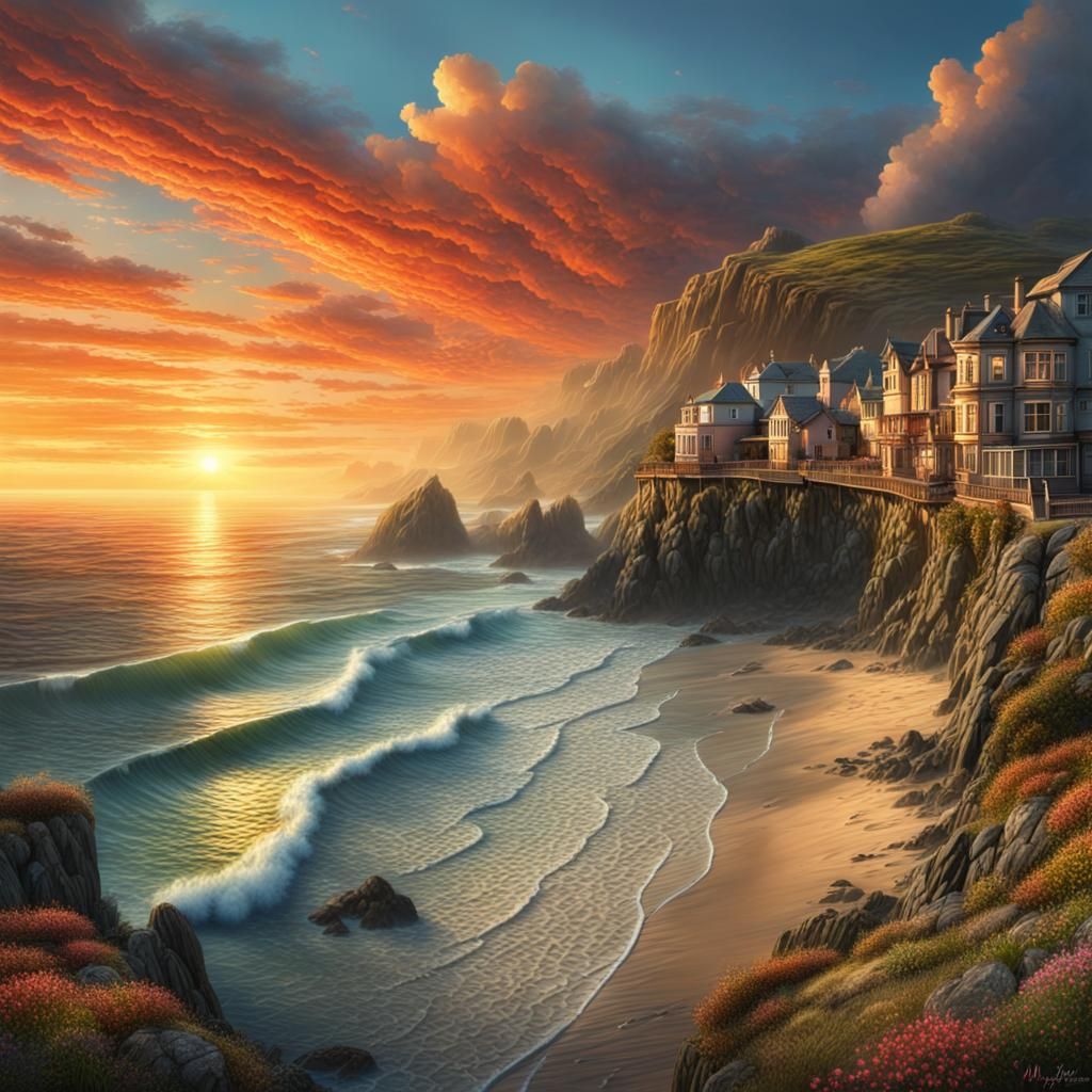Colorful Coastal Sunrise in Digital Matte Painting