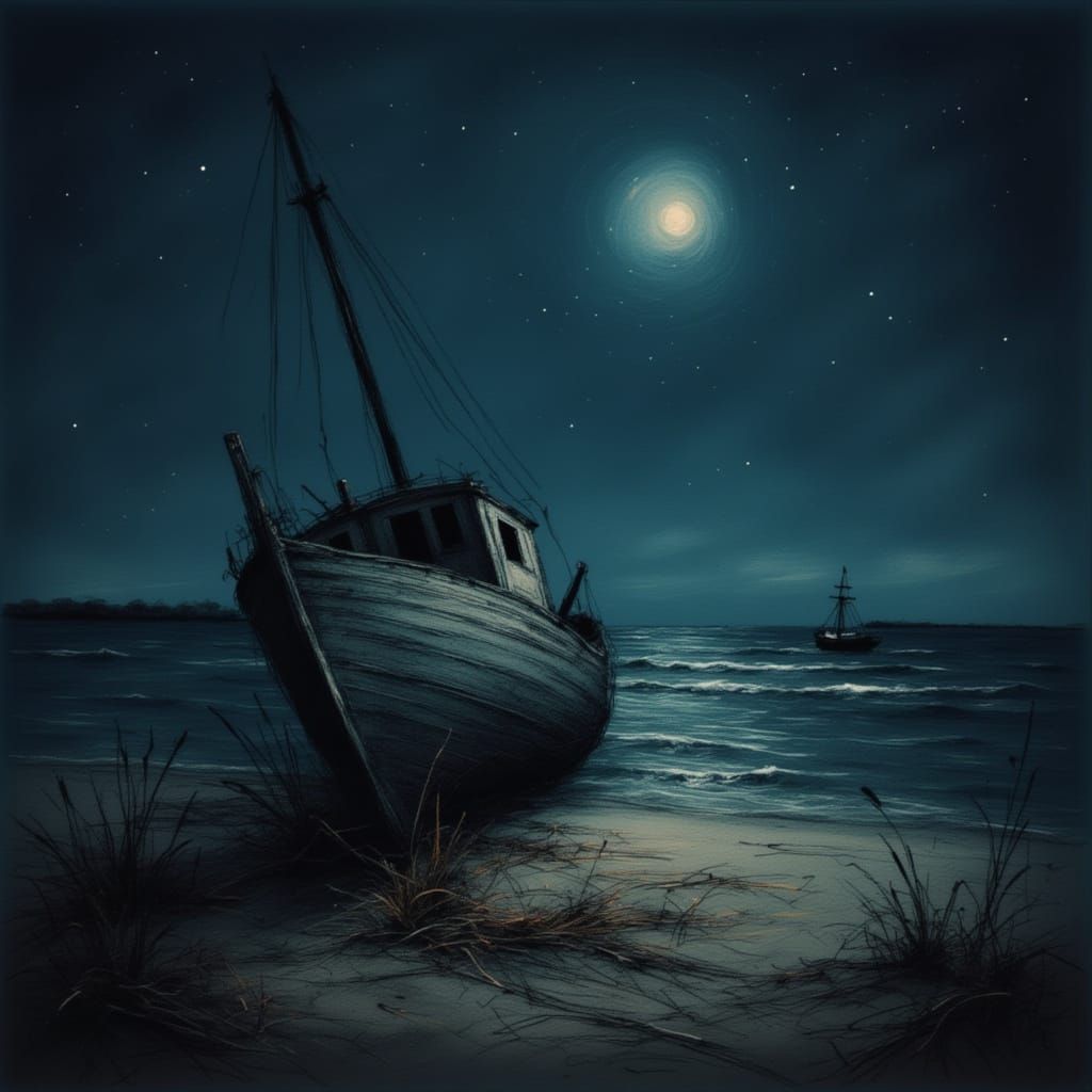 Wrecked Ship on Abandoned Beach at Night