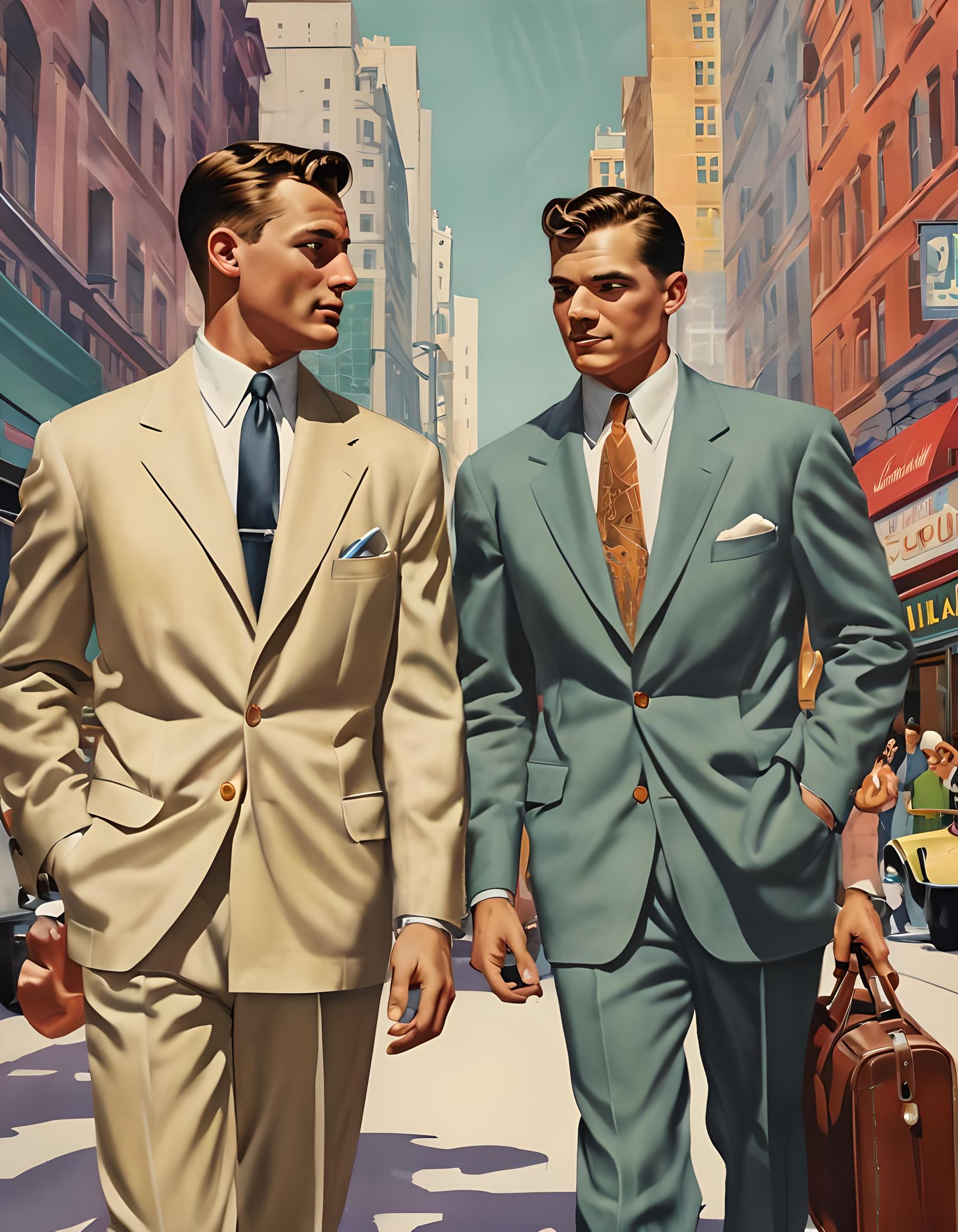 Two fit gay men in a 1950’s travel poster abstract art compl...