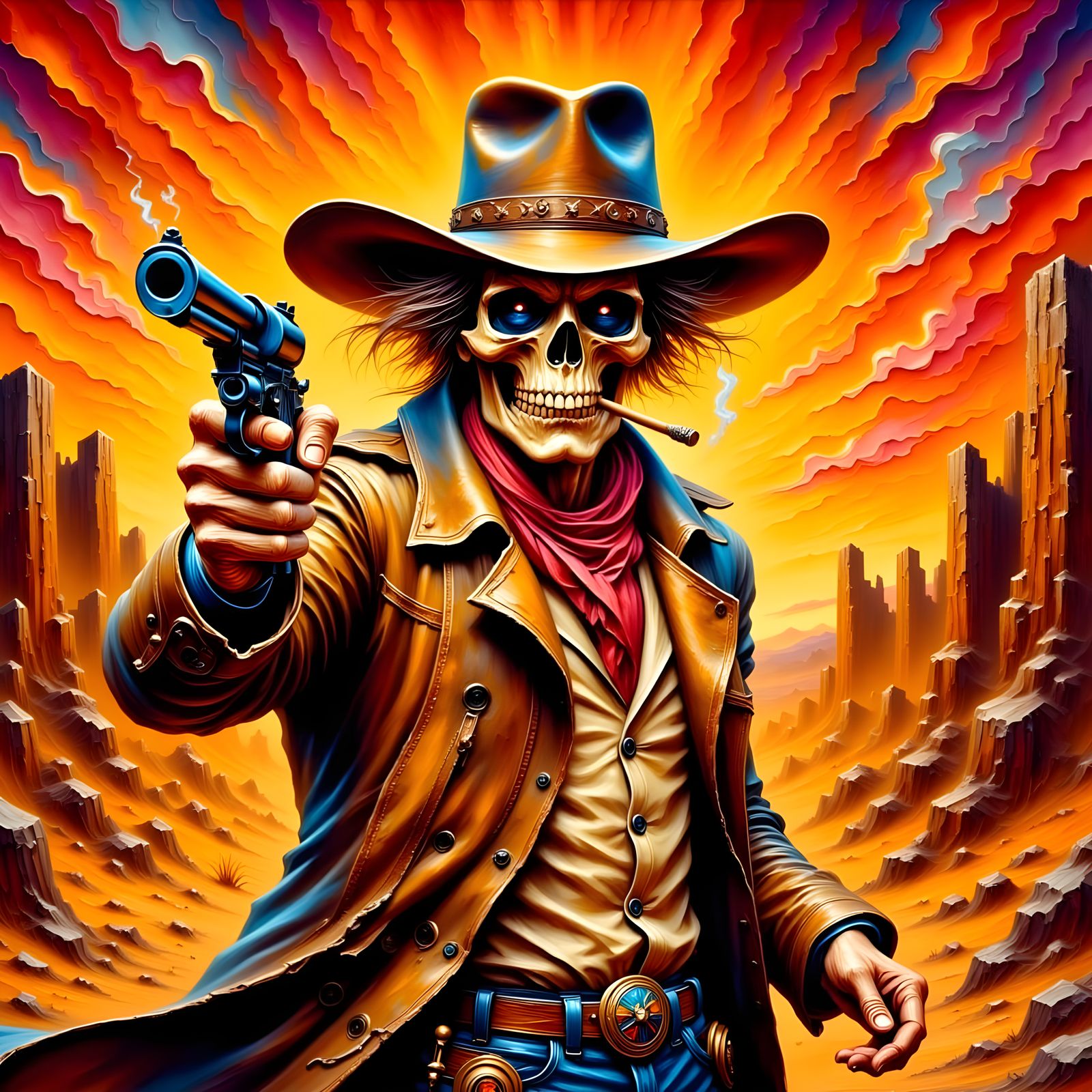 Gritty Undead Gunslinger in Neon Western Landscape in Impast...