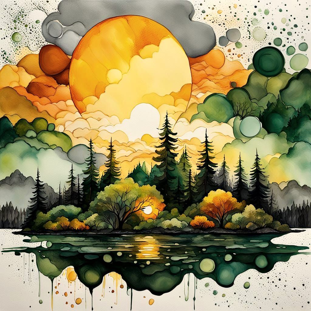 Landscape with Rising Sun in Gouache Style