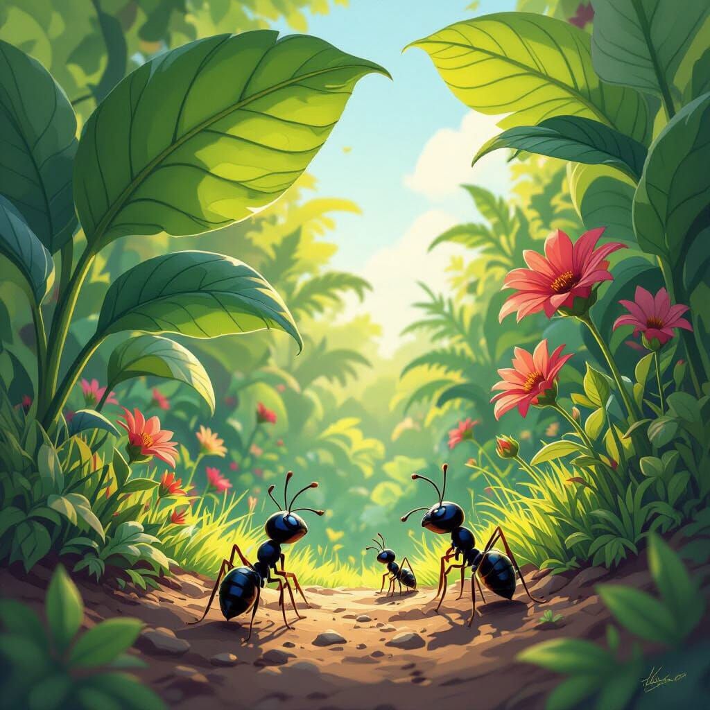 Ant-Eye View of Garden in Comic Book Style