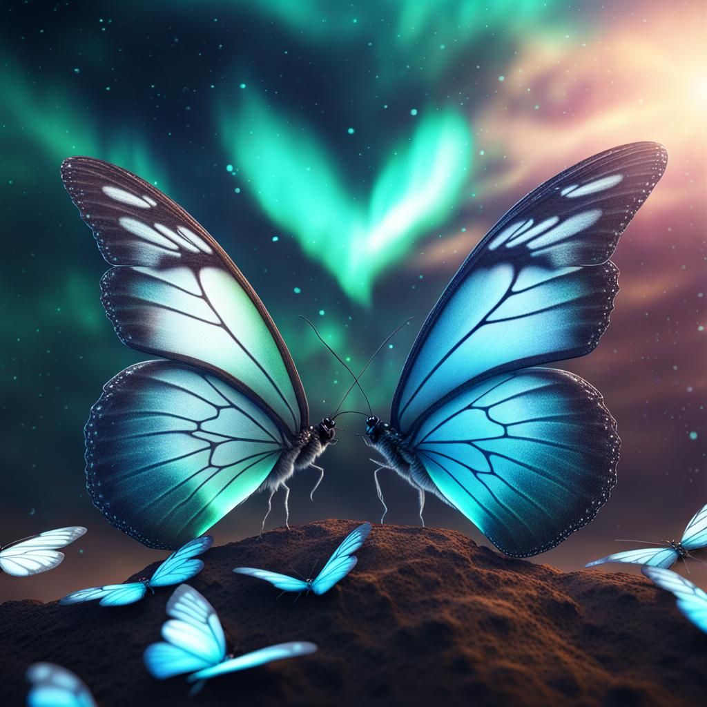 Turquoise Aurora Borealis with Heart-Shaped Butterflies