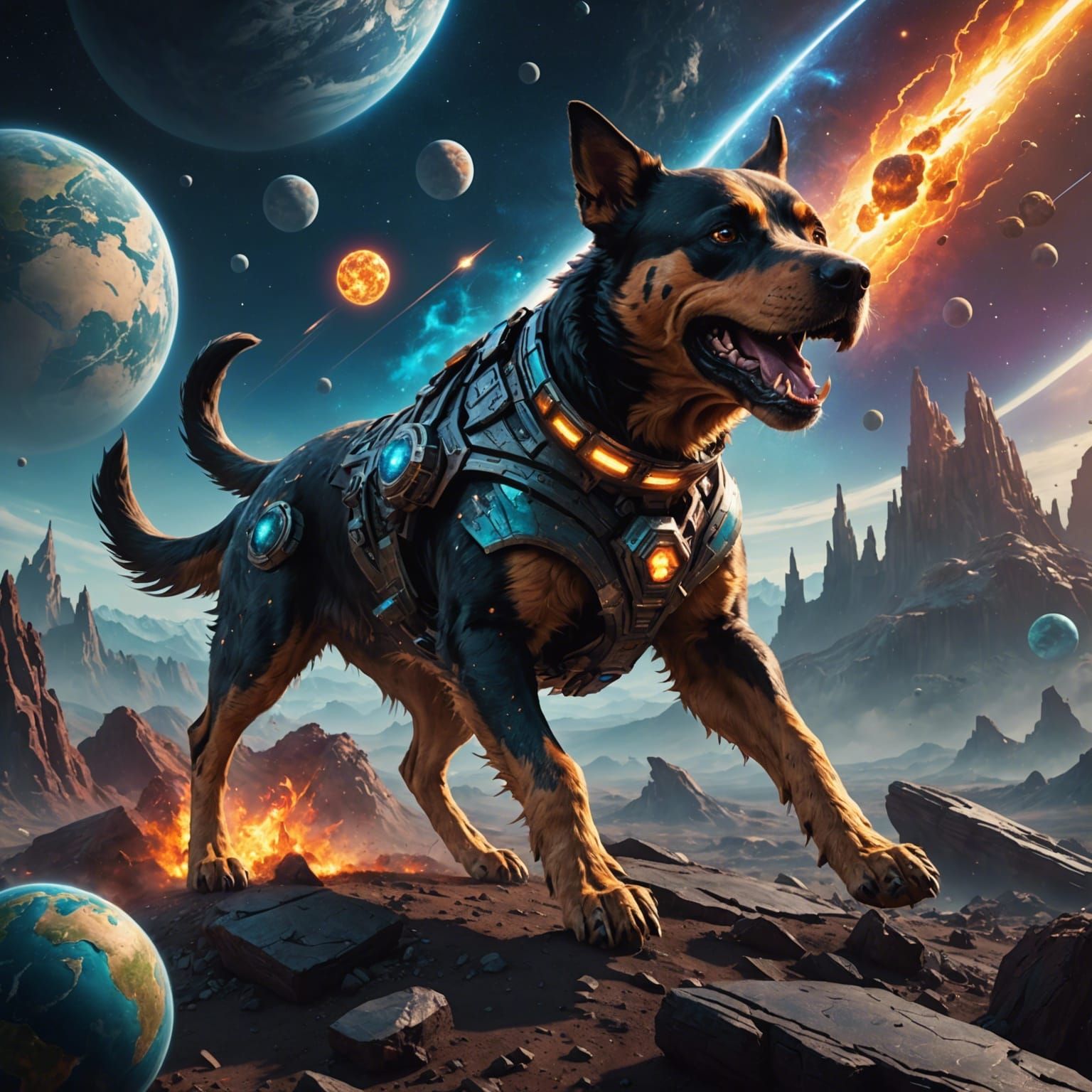 Cosmic Dog Destroying Planet: Detailed Matte Painting