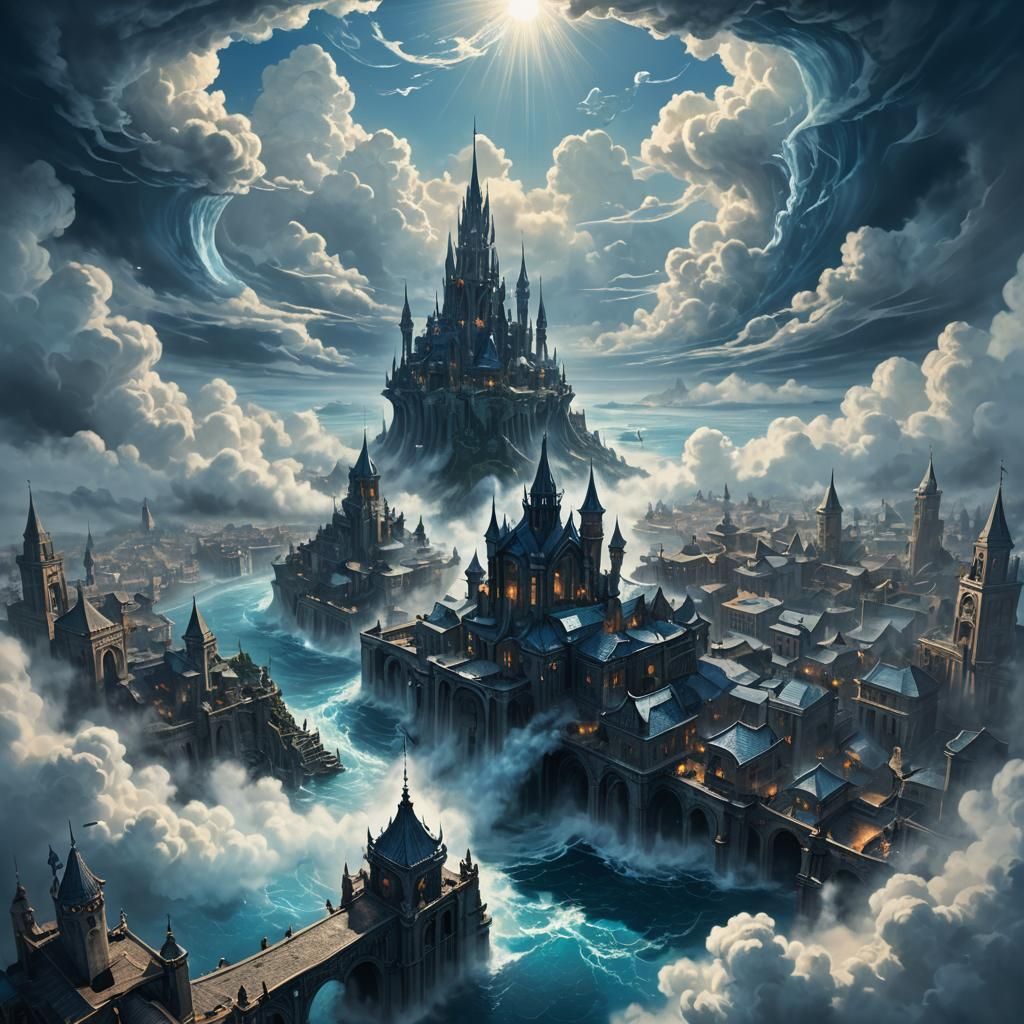 Floating City in Deep Blue Jewel-Toned Splash Art