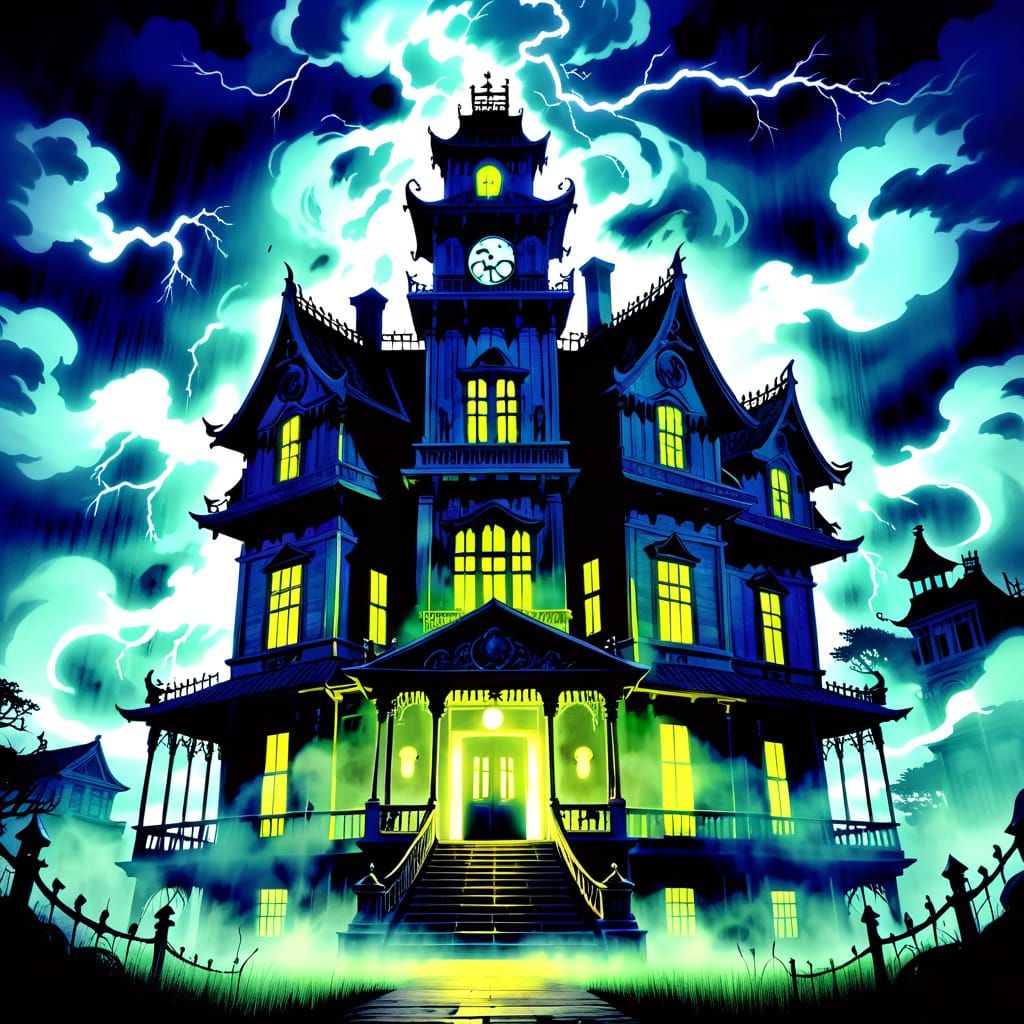 Eerie Anime Haunted Mansion in Japanese Manga Style
