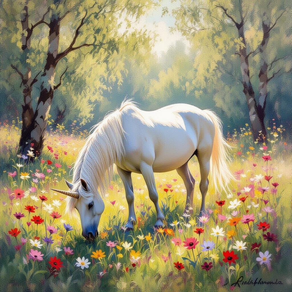 Unicorn Grazing in Impressionistic Wildflower Meadow
