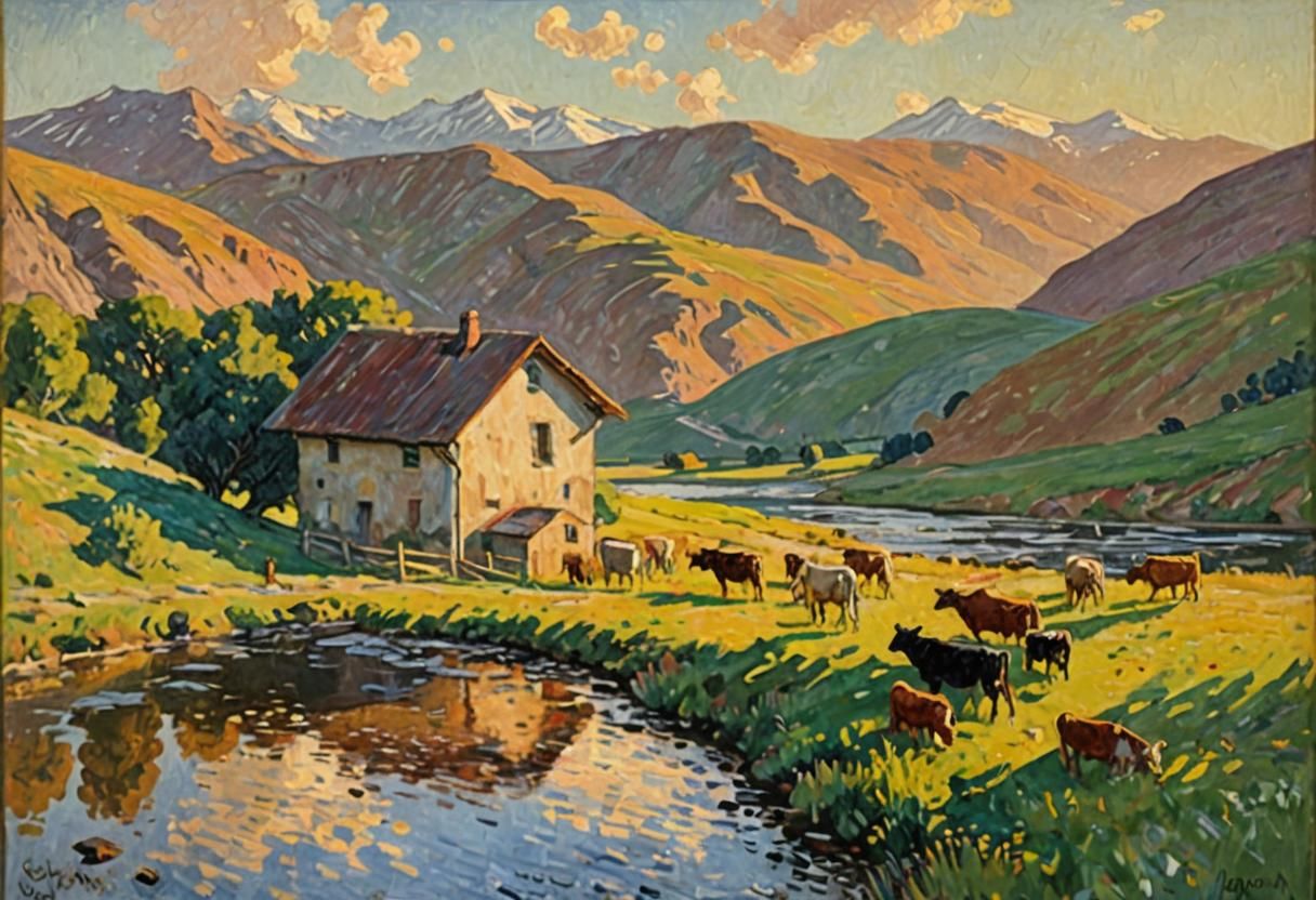 Impasto Gouache Landscape with Grazing Cows