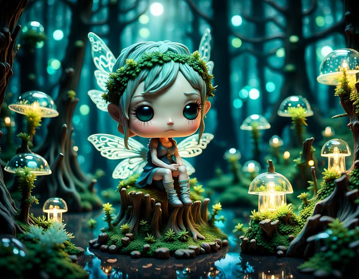 Chibi Fairy Bobblehead in Enchanted Forest, 3D Sculpture